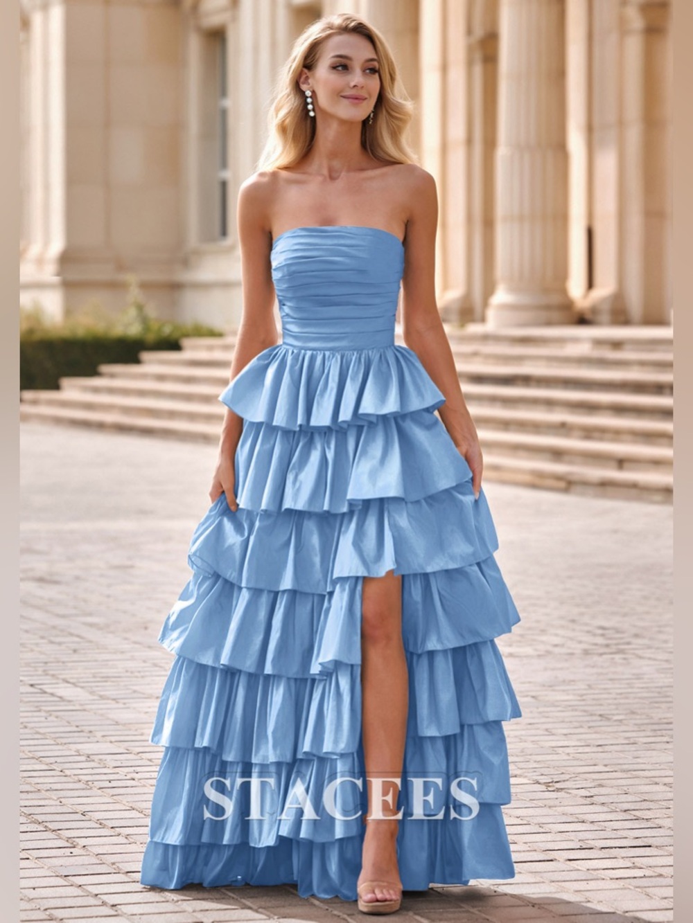 Staves A-line Taffeta Prom Dress with Pleated Ruffles Split, Size 12